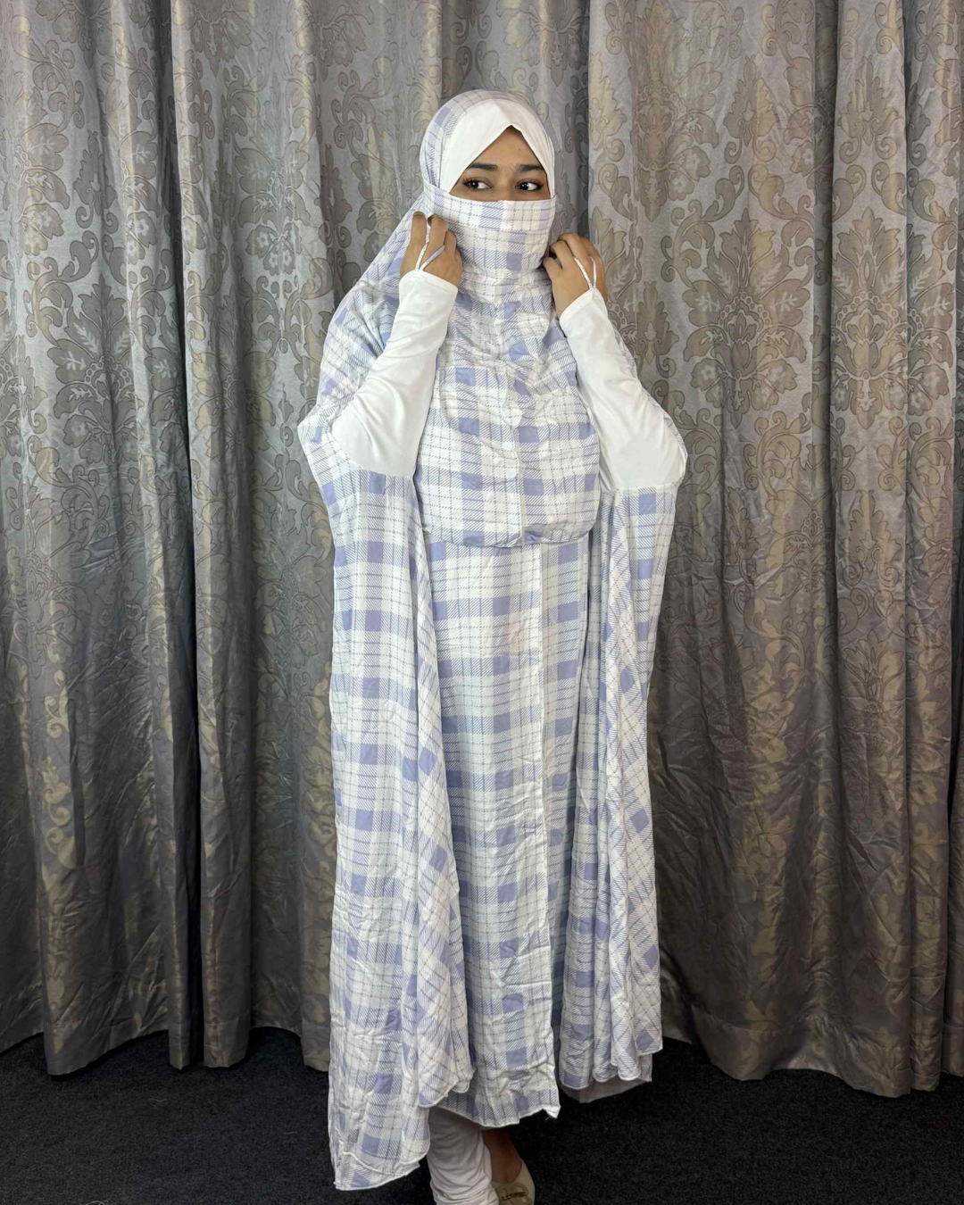 7-Khimar Lavender Blue Check Linen Fabrics